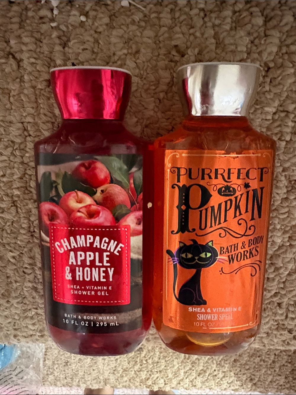 Bath and body shower gels in champagne apple &honey and purrfect pumpkin